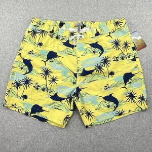 Ocean + Coast Mens XLT Swim Board Shorts Yellow Marlin Blue Fish Palm Print NWT
